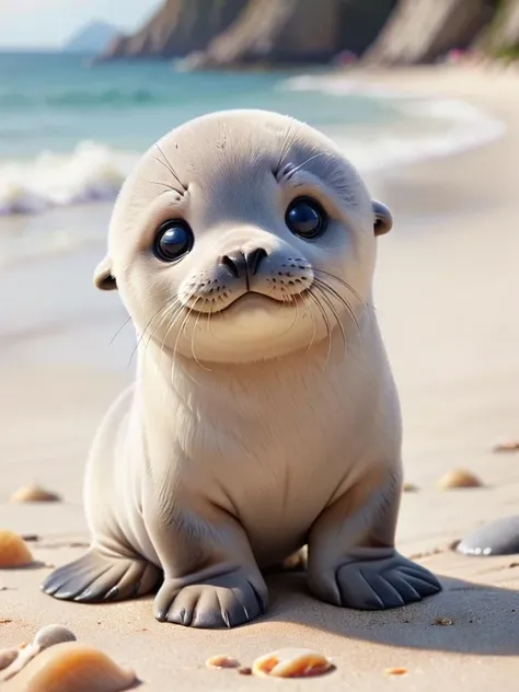 zhibi, chibi, seal, small seal, chibi seal, cute, on the beach <lora:zhibi:1>