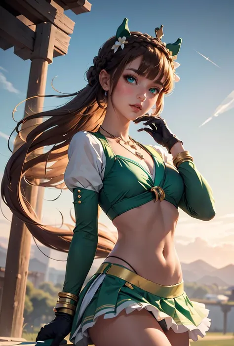 (masterpiece, best quality), 1girl,  <lora:umamusume_silencesuzuka:0.8> silencesuzuka, green eyes, horse tail, ear covers, puffy sleeves, short over long sleeves, black gloves, white skirt, crown braid, hair flower, blue bikini, sarong, jewelry, necklace, bracelet