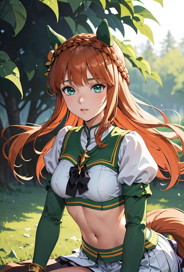 (masterpiece, best quality), 1girl, <lora:umamusume_silencesuzuka:0.8> silencesuzuka, green eyes, horse tail, ear covers, puffy sleeves, short over long sleeves, black gloves, white skirt, crown braid, hair flower, blue bikini, sarong, jewelry, necklace, bracelet