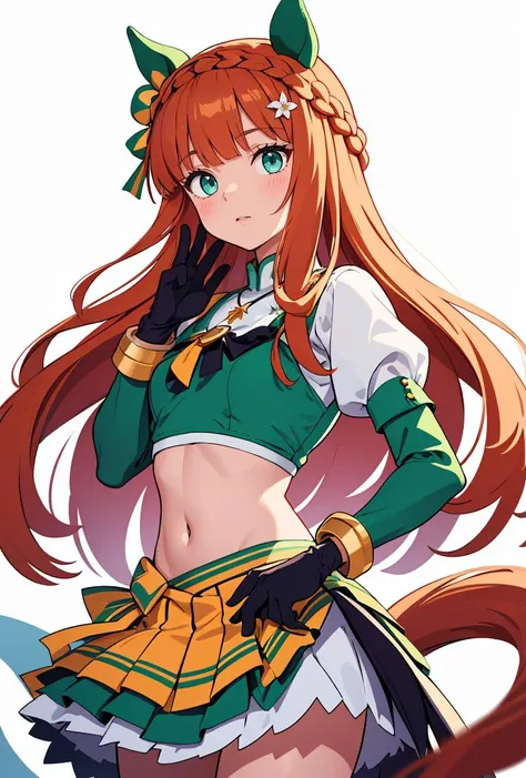 (masterpiece, best quality), 1girl,  <lora:umamusume_silencesuzuka:0.8> silencesuzuka, green eyes, horse tail, ear covers, puffy sleeves, short over long sleeves, black gloves, white skirt, crown braid, hair flower, blue bikini, sarong, jewelry, necklace, bracelet