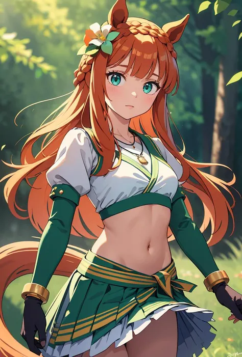 (masterpiece, best quality), 1girl, <lora:umamusume_silencesuzuka:0.8> silencesuzuka, green eyes, horse tail, ear covers, puffy sleeves, short over long sleeves, black gloves, white skirt, crown braid, hair flower, blue bikini, sarong, jewelry, necklace, bracelet