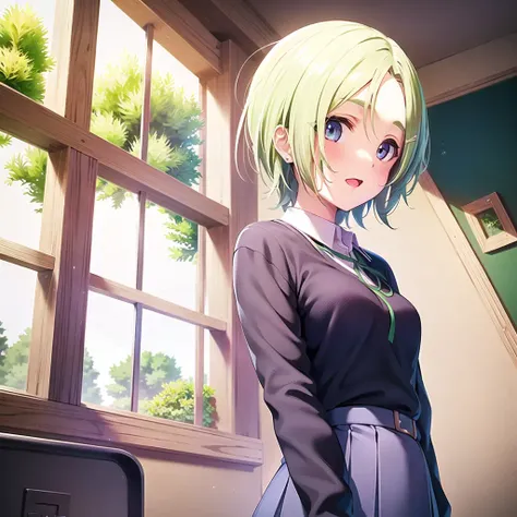 1girl, solo,(best quality),(masterpiece:1.1),(school uniform:1.4),green eyes, dress, looking_at_viewer, neck_ribbon, cute, clear facial skin,