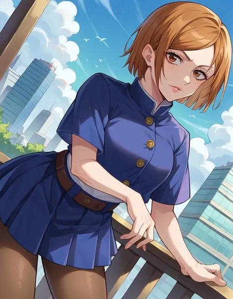 score_9, score_8_up, score_7_up, source_anime,
nobarakugisaki, <lora:nobara-kugisaki-ponyxl-lora-nochekaiser:1>,
nobara kugisaki, bob cut, brown eyes, brown hair, lips, short hair,
belt, brown belt, brown pantyhose, crop top, crop top overhang, jujutsu tech uniform, pantyhose, pleated skirt, shirt tucked in, skirt, blue skirt, blue crop top,
outdoors, cityscape, bent over,
looking at viewer, cowboy shot, dutch angle,