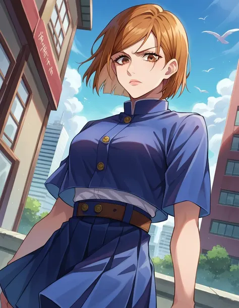 score_9, score_8_up, score_7_up, source_anime,
nobarakugisaki, <lora:nobara-kugisaki-ponyxl-lora-nochekaiser:1>,
nobara kugisaki, bob cut, brown eyes, brown hair, lips, short hair,
belt, brown belt, brown pantyhose, crop top, crop top overhang, jujutsu tech uniform, pantyhose, pleated skirt, shirt tucked in, skirt, blue skirt, blue crop top,
outdoors, cityscape,
looking at viewer, cowboy shot, dutch angle,