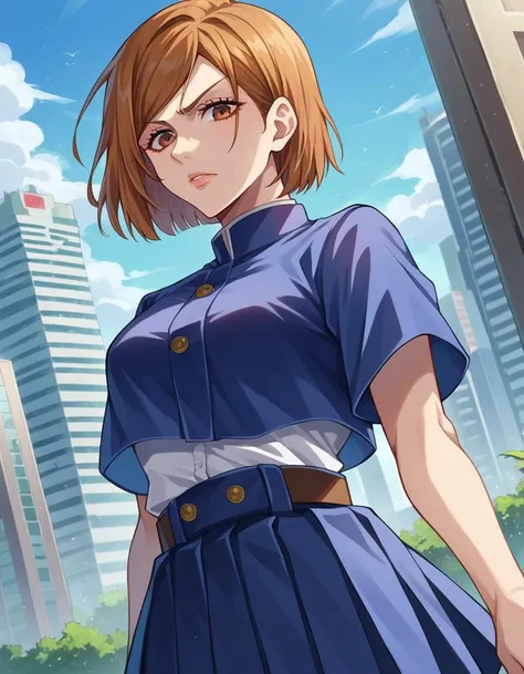 score_9, score_8_up, score_7_up, source_anime,
nobarakugisaki, <lora:nobara-kugisaki-ponyxl-lora-nochekaiser:1>,
nobara kugisaki, bob cut, brown eyes, brown hair, lips, short hair,
belt, brown belt, brown pantyhose, crop top, crop top overhang, jujutsu tech uniform, pantyhose, pleated skirt, shirt tucked in, skirt, blue skirt, blue crop top,
outdoors, cityscape,
looking at viewer, cowboy shot, dutch angle,