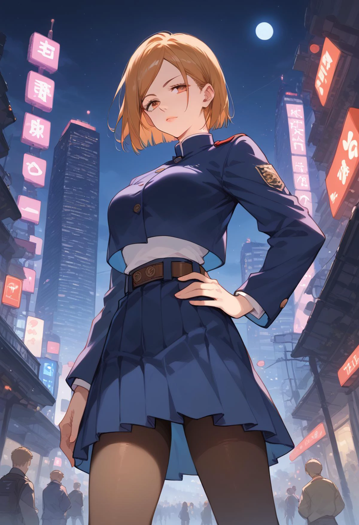 score_9,score_8_up,score_7_up,source anime,
<lora:Expressive_H:1.0>, uncensored,
1girl, <lora:nobara-kugisaki-ponyxl-lora-nochekaiser:1>, nobara kugisaki, bob cut, brown eyes, brown hair, lips, short hair, medium breasts, skinny,
(half-closed eyes:0.9),
belt, brown belt, brown pantyhose, crop top, crop top overhang, jujutsu tech uniform, pantyhose, pleated skirt, shirt tucked in, skirt, blue skirt, blue crop top,long sleeves,
outdoors, city, cityscape, skyscraper, night, night sky, moon, neon lights,
standing, contrapposto, hand on own hip,
from below,
masterpeice, best quality, very aesthetic, absurdres,