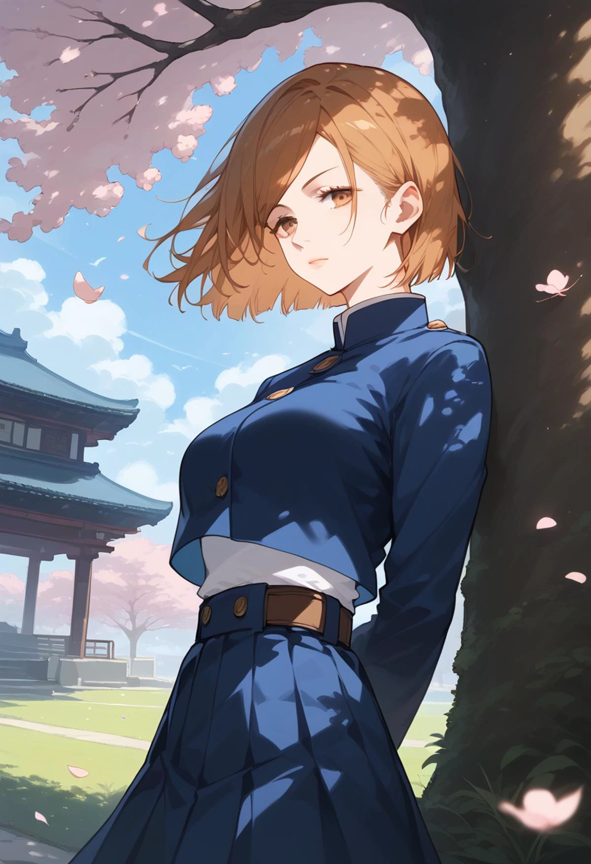 score_9,score_8_up,score_7_up, source anime, rating_safe,
<lora:Expressive_H:1.0>, uncensored,
1girl, <lora:nobara-kugisaki-ponyxl-lora-nochekaiser:1>, nobara kugisaki, bob cut, brown eyes, brown hair, lips, short hair, medium breasts, skinny,
(half-closed eyes:0.9),
belt, brown belt, brown pantyhose, crop top, crop top overhang, jujutsu tech uniform, pantyhose, pleated skirt, shirt tucked in, skirt, blue skirt, blue crop top,long sleeves,
looking at viewer, solo,
outdoors, park, on grass, tree, cherry blossoms, Cherry blossom leaves dancing, sunlight filtering through the trees,
Japanese buildings,
standing, arms behind back,
(dutch angle), from below,
upper body,
against tree,
masterpeice, best quality, very aesthetic, absurdres,