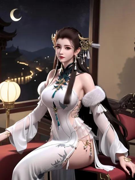 long hair, dress,earrings, bare shoulders, jewelry, detached sleeves, chinese clothes, standing,tassel earrings, thigh boots, fur trim,choker, cityscape, night,looking at viewer, mature female, <lora:CFyyyXG_20230718200648-000015:0.8>,hair ornament, sitting,chair,