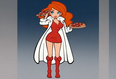 score_9, score_8_up, score_7_up, score_6_up, wariowaremona, blue eyes, long orange hair, short red dress, red knee boots, white coat, bimbo lips, holding pizza, sexy pizza delivery girl, moped