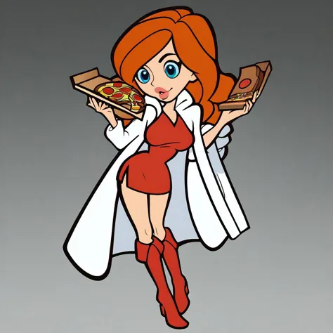 score_9, score_8_up, score_7_up, score_6_up, wariowaremona, blue eyes, long orange hair, short red dress, red knee boots, white coat, bimbo lips, holding pizza, sexy pizza delivery girl, moped