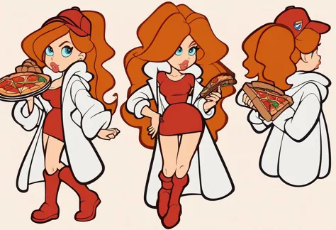 score_9, score_8_up, score_7_up, score_6_up, wariowaremona, blue eyes, long orange hair, short red dress, red knee boots, white coat, bimbo lips, holding pizza, sexy pizza delivery girl, moped