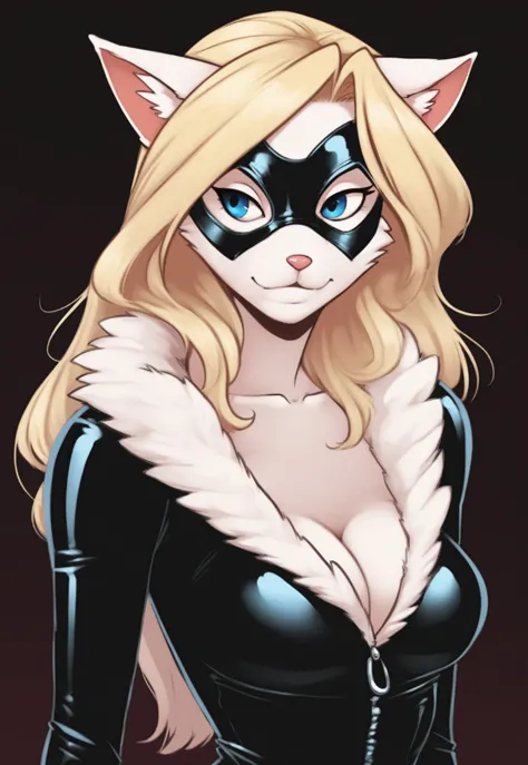 safe_pos, (1girl, fur, white fur, , blonde hair, beautiful), score_9, score_8_up, score_7_up, 1girl, medium breasts, cute, ((simple dark background)), furry female, breasts out, sfw, ponyblackcat, long hair, blonde hair, breasts, mask, bodysuit, cleavage, fur trim, white cat ears, white fur, source furry, zipper