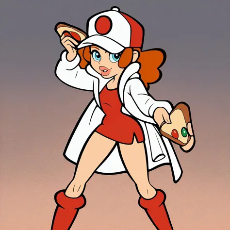 score_9, score_8_up, score_7_up, score_6_up, wariowaremona, blue eyes, long orange hair, short red dress, red knee boots, white coat, bimbo lips, holding pizza, sexy pizza delivery girl, moped