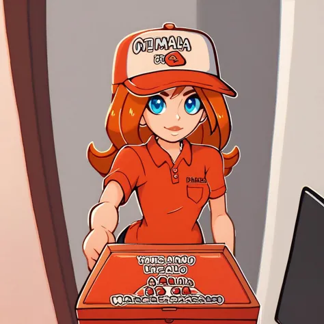 score_9, score_8_up, score_7_up, score_6_up, wariowaremona, blue eyes, long orange hair, pizza box, employee uniform, pov, pizza delivery