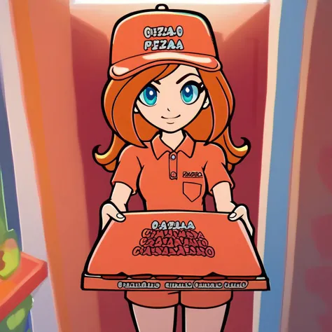 score_9, score_8_up, score_7_up, score_6_up, wariowaremona, blue eyes, long orange hair, pizza box, employee uniform, pov, pizza delivery