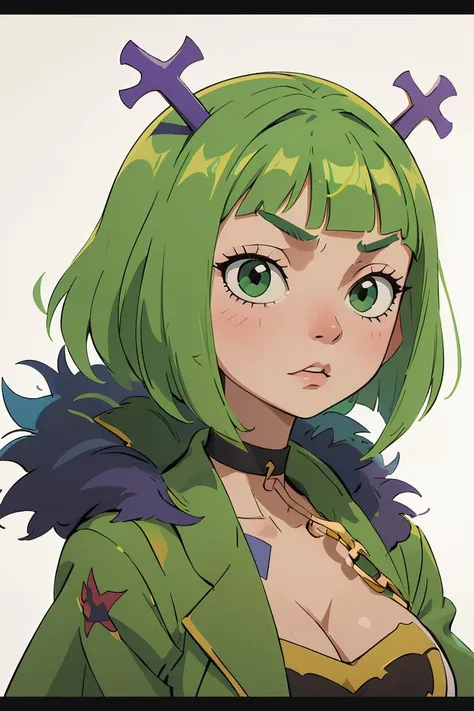 (masterpiece, best quality), 1girl, beautiful face, brandish_mew, green hair, blunt bangs, tattoo, fur trim, choker, chain