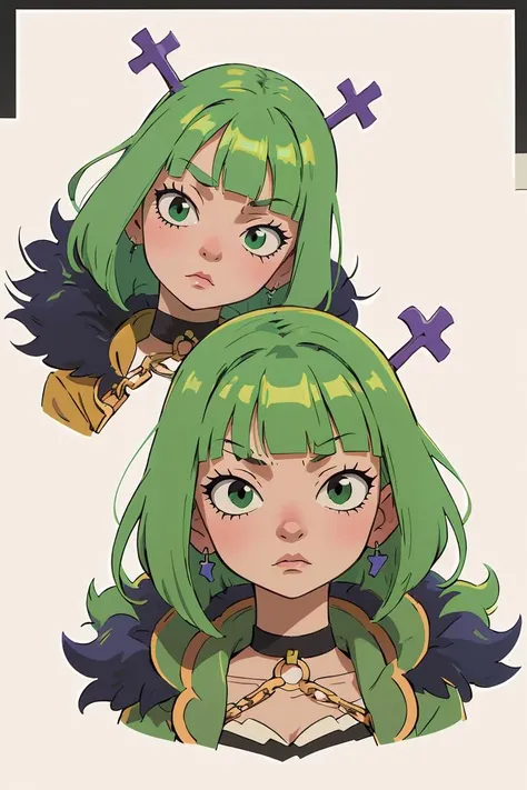 (masterpiece, best quality), 1girl, beautiful face,   <lora:brandish_mew:1> brandish_mew, green hair, blunt bangs, tattoo, fur trim, choker, chain