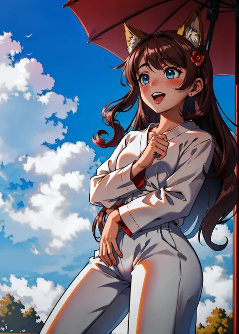 masterpiece, best quality, ultra detailed, anime style, 1girl, young, cute, hair ornament, brown hair, long hair, long sleeves, twin drills, red luxurious outfit, collarbone, own hands clasped, blush, ear covers, animal ears, blue eyes, white pants, japanese temple, outdoor, day, beautiful face, happy
<lora:low_angle_human:1> low_angle_human, from below