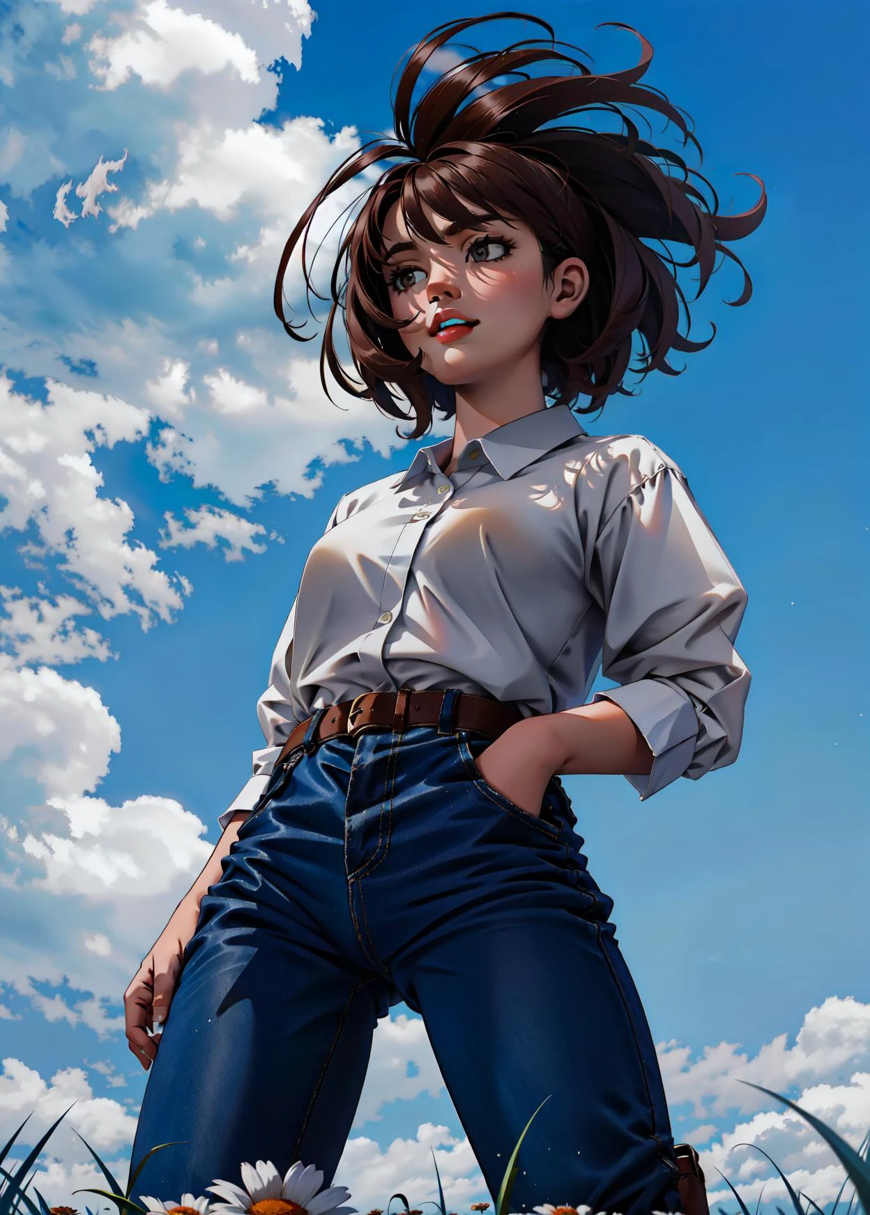 (HDR, best quality, masterpiece, detailed, High Resolution, volumetric, grain), (actor: woman focus, huge, bright skin), <lora:low_angle_human:1> low_angle_human, from below
