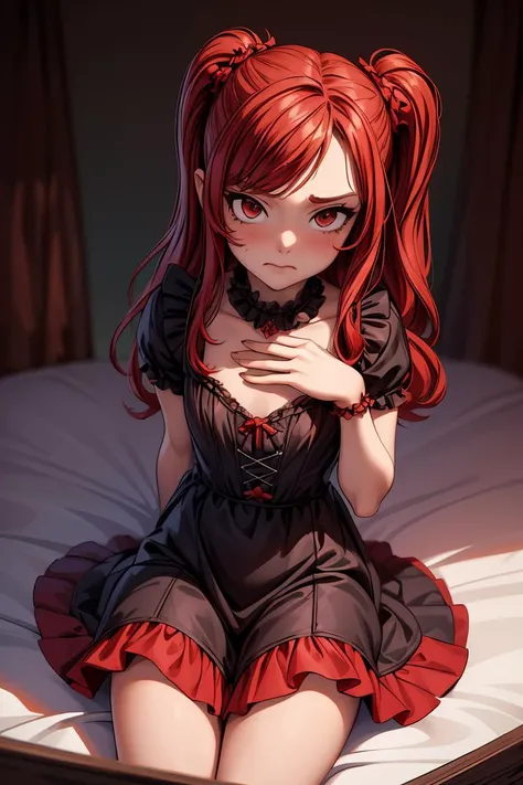 (masterpiece, best quality), 1girl, red hair, medium chest, gothic frill dress, pervert face, <lora:add_detail:1>