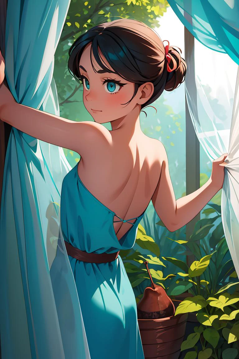 (masterpiece, best quality), female legal age, fit, gypsies, chestnut eyes, unique chin, protruding jaw, pear face shape, graceful collarbone, , teal choppy haircut hair, nervousness wearing printed cheeky, keyhole top, , peeking from behind a curtain, peering from behind a curtain with a teasing look, creating a sense of mystery and allure, enchanting forest lighting, a combination of moonlight and dappled light, adding a fairy-tale-like charm, a sunlit park, filled with children playing and families having picnics