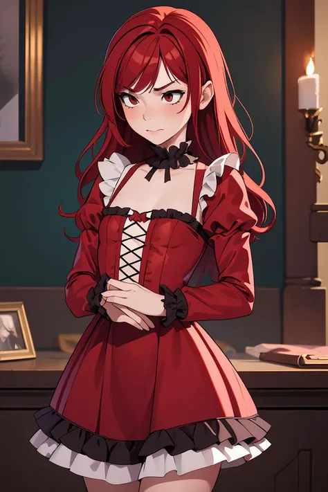 (masterpiece, best quality), 1girl, red hair, medium chest, gothic frill dress, pervert face,