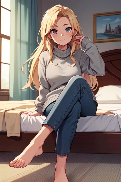 lens flare, dramatic, masterpiece, best quality, extremely detailed, detailed background, detailed face, 1girl, solo, hand on up looking at viewer, soft smile, blond, gray pants, sit, sweater, barefoot, bed sheet, long hair, crossed legs