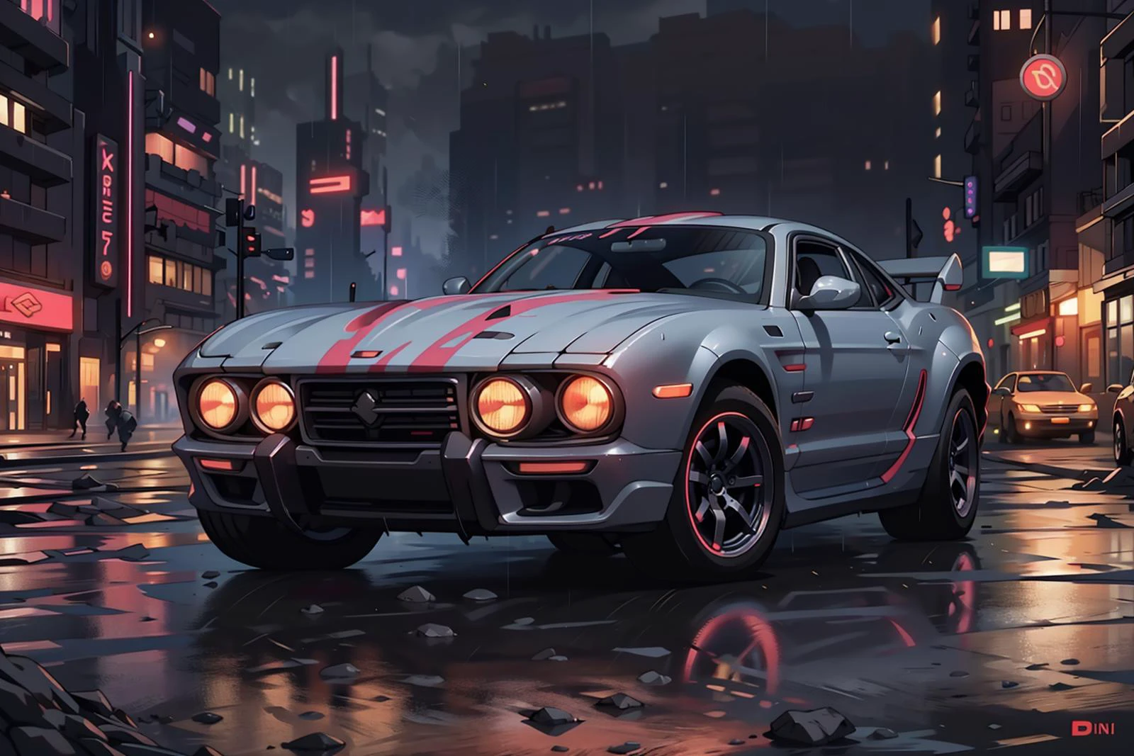 <lora:TalDarimAI:.9> TalDarimAI sport car in cyberpunk street city at night neons rain fog, intricate, detailed, <lora:detailed_notrigger:1>