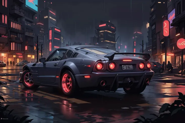 <lora:TalDarimAI:.9> TalDarimAI sport car in cyberpunk street city at night neons rain fog, intricate, detailed