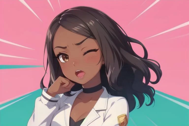 one eye closed, solo, bangs, looking at viewer, upper body, open mouth, hand on chin,<lora:dsno:0.9>, 1girl
BREAK
masterpiece,highres,4k,ultra_detailed,detailed_skin, detailed eyes, detailed face, detailed body,perfect lighting, dark skin,dark-skinned female,age,cute,pretty,black medium hair,wavy hair,brown eyes,medium breasts,