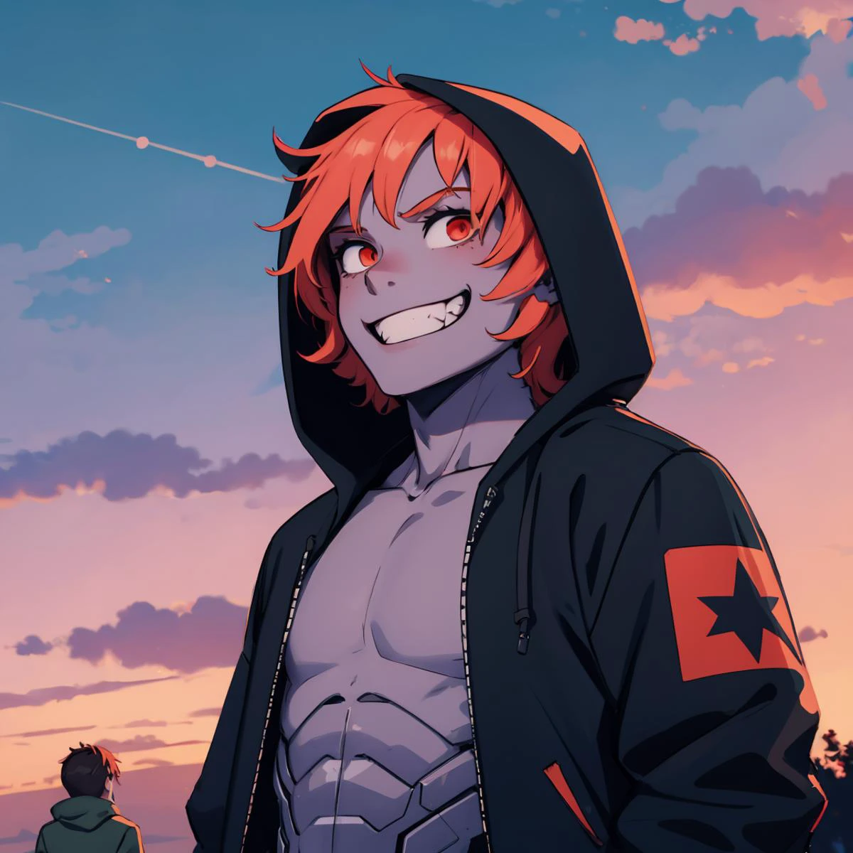 2boys, cloud, fur_trim, grin, hood, hooded_jacket, hoodie, jacket, male_focus, multiple_boys, open_clothes, red_eyes, sans, skeleton, sky, smile, sunset, teeth, upper_body, BOLD,
<lora:detailed_notrigger:1>, epic masterpiece, 8k, high contrast, (ultra-detailed), digital art, detailed environment, perfect view of the upper half of the body, <lora:goodhands_Beta_Gtonero:0.7>, good hands,