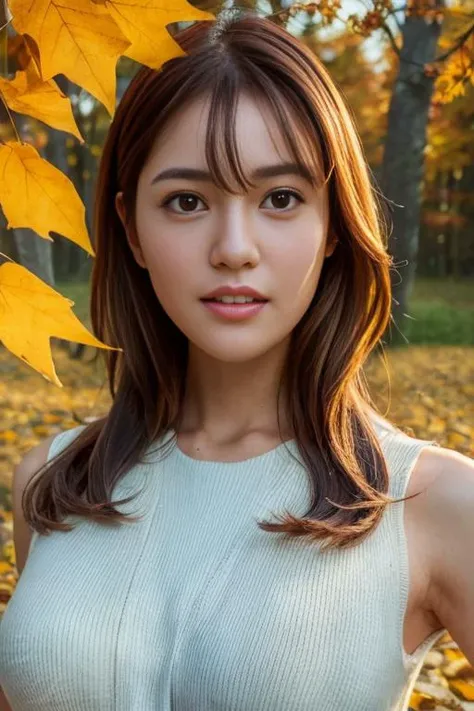 1girl,(wearing autumn outfit:1.4),(RAW photo, best quality), (realistic, photo-realistic:1.4), masterpiece, an extremely delicate and beautiful, extremely detailed, 2k wallpaper, Amazing, finely detail, extremely detailed CG unity 8k wallpaper, ultra-detailed, highres, soft light, beautiful detailed girl, extremely detailed eyes and face, beautiful detailed nose, beautiful detailed eyes,cinematic lighting,autumn scenery,morning light,perfect anatomy,slender body,smiling, <lora:abenatsuki_lora:0.8>