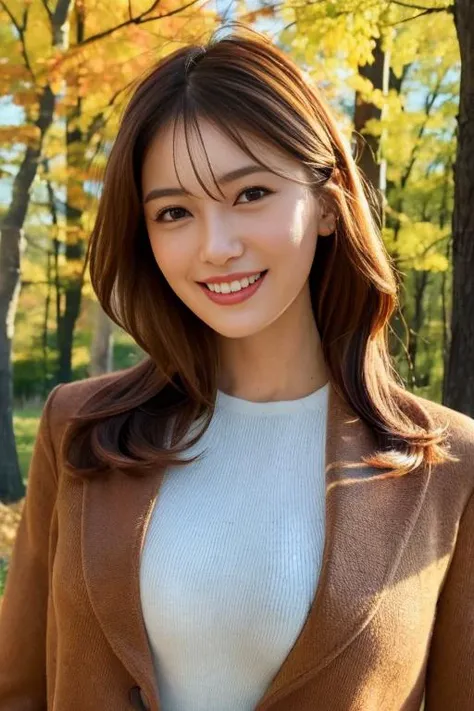 full body,view straight on,smile,sitting,coat,realistic,landscape