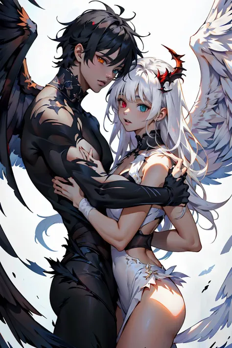 (masterpiece:1.3),(best quality:1.2),8k,absurdres,unity 8k wallpapper,(extremely detailed:1.3),highestres,
<lora:left_right-10:1>,2girls, ,heterochromia, white hair, black hair, split theme, angel,devil,wings,
