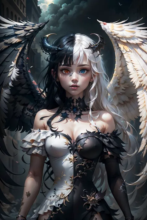 (masterpiece:1.3),(best quality:1.2),8k,absurdres,unity 8k wallpapper,(extremely detailed:1.3),highestres,
<lora:left_right-10:1>,1girl, ,heterochromia, white hair, black hair, split theme, angel,devil,wings,