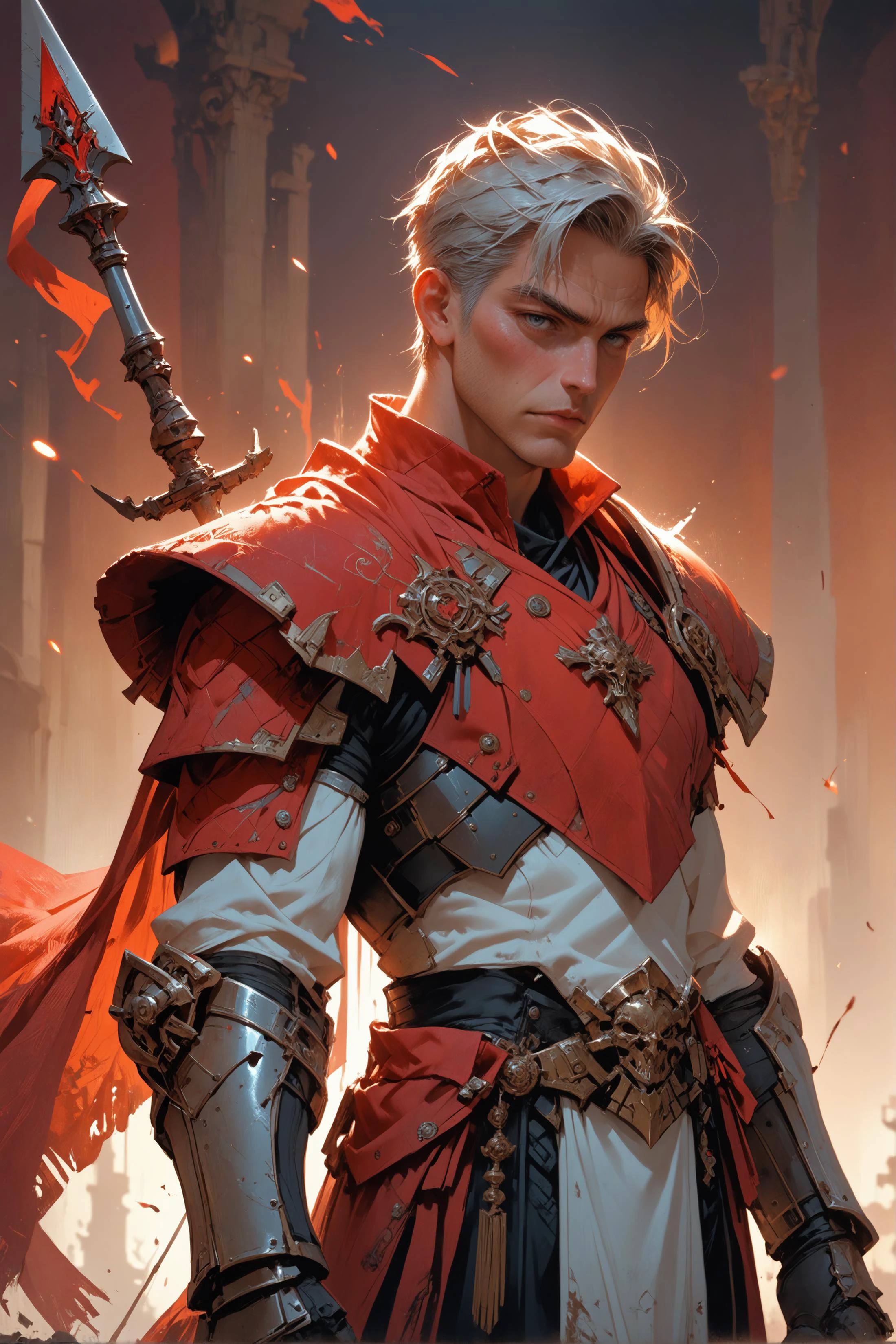 score_9, score_8_up, score_7_up, score_6_up, score_5_up, score_4_up,<lora:Fant5yP0ny:0.8>, 1boy, old, short hair, solo, holding spear, gauntlets, armored, red theme,