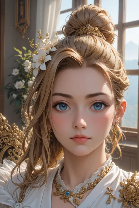 (((masterpiece))) , (((best quality))) , anime style, 2d, a stunning woman with dreadlocks adorned in shimmering gold braids stands in front of a white canvas. Her head is made of delicate silver feathers, and her eyes sparkle like diamonds as she gazes back at the viewer. key visual