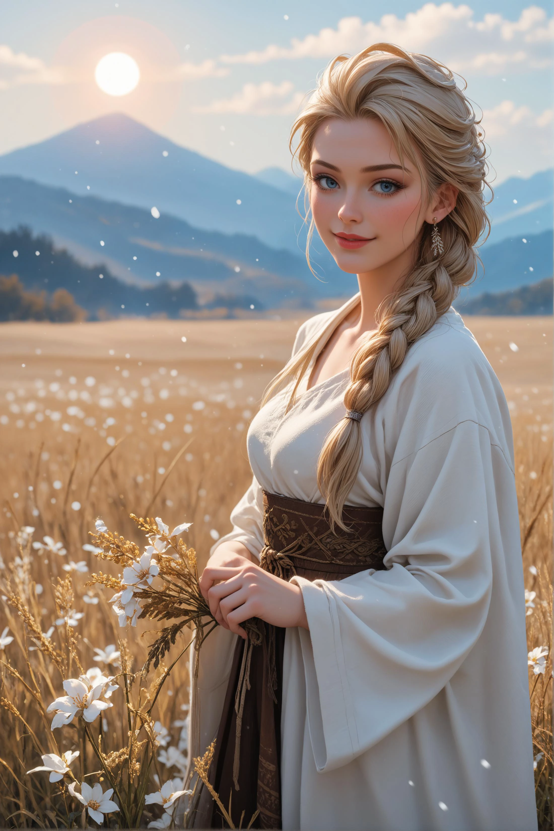 score_9, score_8_up, score_7_up, (1girl:1.2), (eskimo), tribal, snowing, warm clothes, in a field, desolate, woman, erotic, seductive, snow, fur-trimmed clothes, blonde hair, long hair, Elsa, smile, holding white flowers, wheat field, golden sun, <lora:pony/twilight_style:0.8> concept art, realistic, <lora:pony/expressiveh:0.8> expressiveh