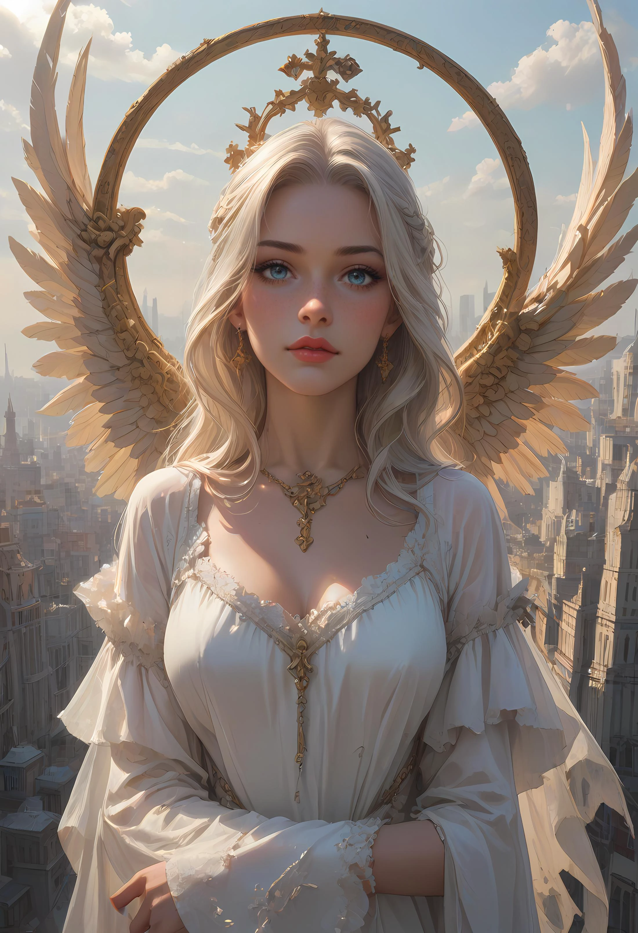 score_9, score_8_up, score_7_up,
Desolated City, destroyed buildings, light descending, in the sky, angelic, heavenly,beauty,giant,aerial view