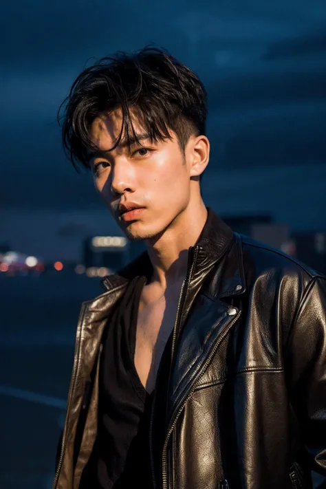 Best Quality, Masterpiece, Ultra High Resolution, (Realisticity:1.4), Original Photo, Cinematic Lighting, 1 boy,HONGKONG, solo, male focus, brown hair, jacket, shirtless, blurry background, blurry, upper body, realistic, short hair, leather jacket, black jacket, leather, artist name
<lora:add_detail:1>