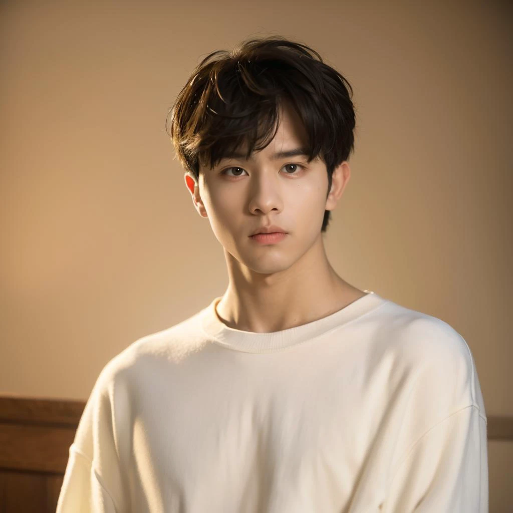 real photos,a boy,handsome,a tough face,bell-bottoms,melancholy eyes,white sweater,, best quality,masterpiece,ultra high resolution,(fidelity:1.4),original photo,film lighting,