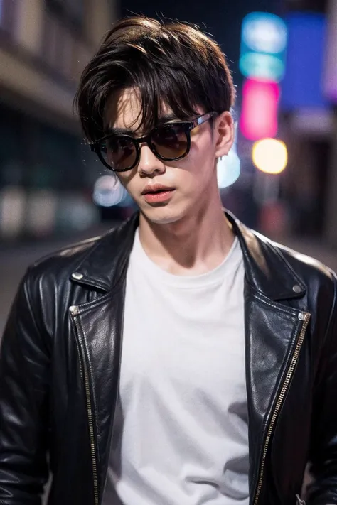 Best Quality, Masterpiece, Ultra High Resolution, (Realisticity:1.4), Original Photo, Cinematic Lighting, 1 boy,HONGKONG, solo, male focus, sunglasses, brown hair, jacket, shirt, blurry background, blurry, upper body, white shirt, realistic, short hair, leather jacket, black jacket, leather, artist name
<lora:add_detail:1>