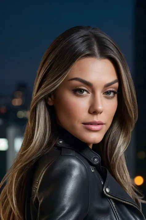 headshot of S228_BiancaIngrosso,a gorgeous woman,in a (city:1.1),wearing a (leather-jacket:1.1),(cityscape:1.1),(8k, RAW photo, best quality, depth of field, ultra high res:1.1),(absurdres, intricate, photorealistic, masterpiece, ultra-detailed:1.2),