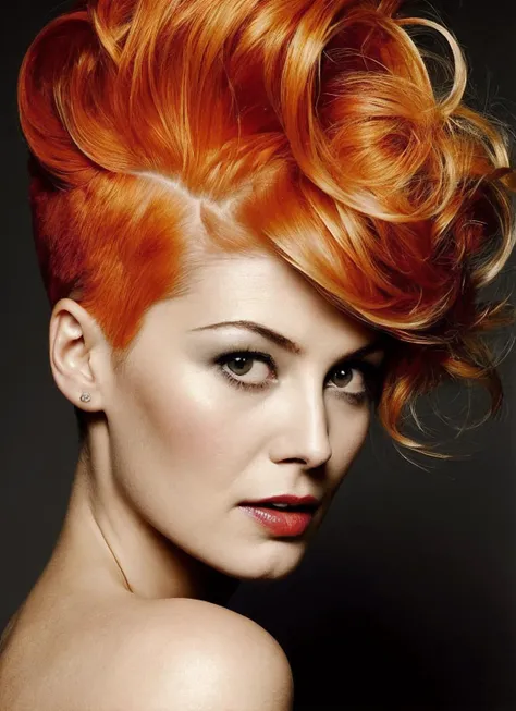 portrait of sks woman by Flora Borsi, style by Flora Borsi, bold, bright colours, orange Mohawk haircut, ((Flora Borsi)), <lora:locon_rosamund_v1_from_v1_64_32:1.3>