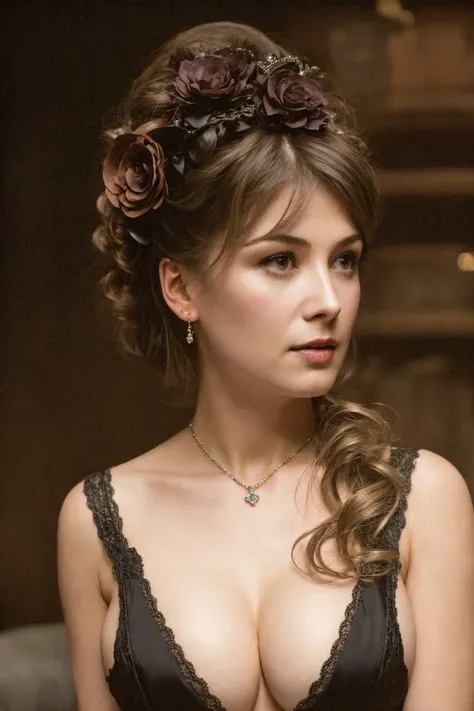 medium shot photo of a mix of (victorian:0.8) and (vampire costume:0.5) sks woman, (nice cleavage:1.1), intricate steampunk+ city, evening, dark, atmospheric, mist, best quality masterpiece, photorealistic, detailed, 8k, HDR, shallow depth of field, broad light, high contrast, backlighting, bloom, light sparkles, chromatic aberration, sharp focus, RAW color photo,<lyco:locon_rosamund_v1_from_v1_64_32:1.3><lora:epiNoiseoffset_v2Pynoise:1.0>