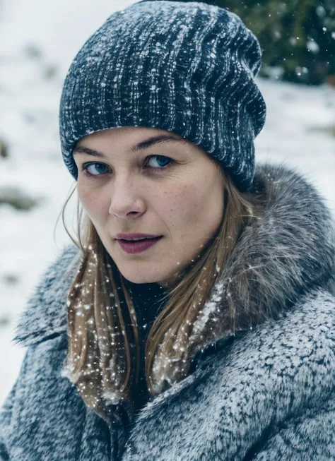 analog style, modelshoot style, RAW photo of a sks woman, sitting in outdoor car ,winter ,snowy , ((wearing cap)), (detailed face), grunge, ((visual kai)), ((full body)), (high detailed skin:1.2), 8k uhd, dslr, soft lighting, high quality, film grain, Fujifilm XT3, <lora:locon_rosamund_v1_from_v1_64_32:1.3>