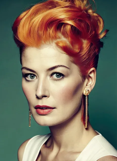analog style, modelshoot style, portrait of sks woman by Flora Borsi, style by Flora Borsi, bold, bright colours, orange Mohawk haircut, ((Flora Borsi)), <lora:locon_rosamund_v1_from_v1_64_32:1.3>