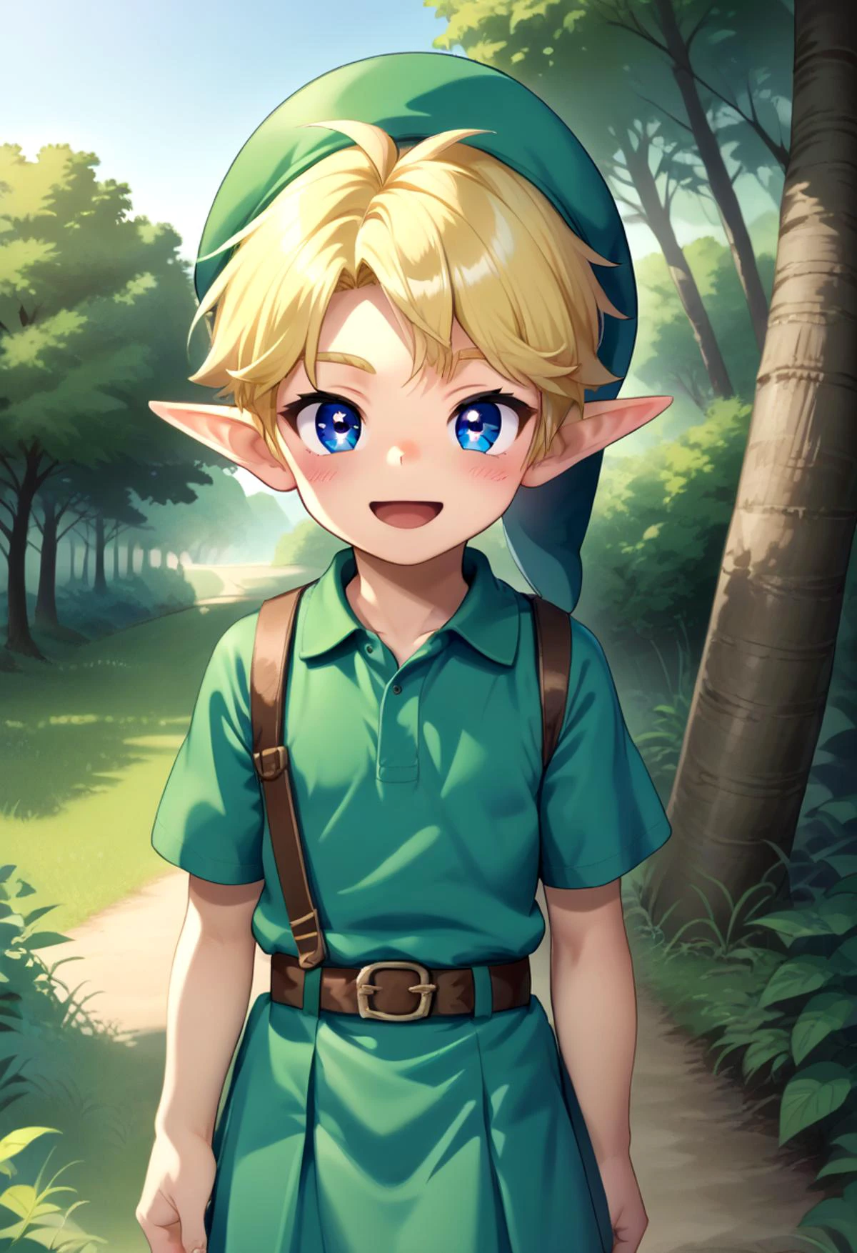 score_9, score_8_up, score_7_up,source_anime, rating_safe BREAK
detailed eyes, village
<lora:cutifiedanimecharacterdesign_variant_type_E_PonyXL_v10:0.7> type-e, blush,
<lora:Young_linkPony:0.7>
younglink, 1boy, blonde hair, pointy ears, hat, solo, blue eyes,open mouth smile, skirt, looking at viewer, forest shadow,hat,belt, green headwear, scabbard, shield on back,