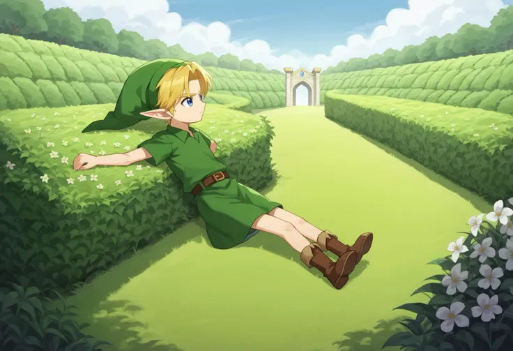 score_9, score_8_up, score_7_up, source_anime, anime screencap
<lora:Young_linkPony-03:1> younglinkxl, younglink
1boy, blonde hair, pointy ears, hat, solo, blue eyes, hat, belt, green headwear
((royal gardens)), flowers, hedges, bushes, laying on the grass, intricate background, masterpiece background, view from side, long shot, wide shot, full body