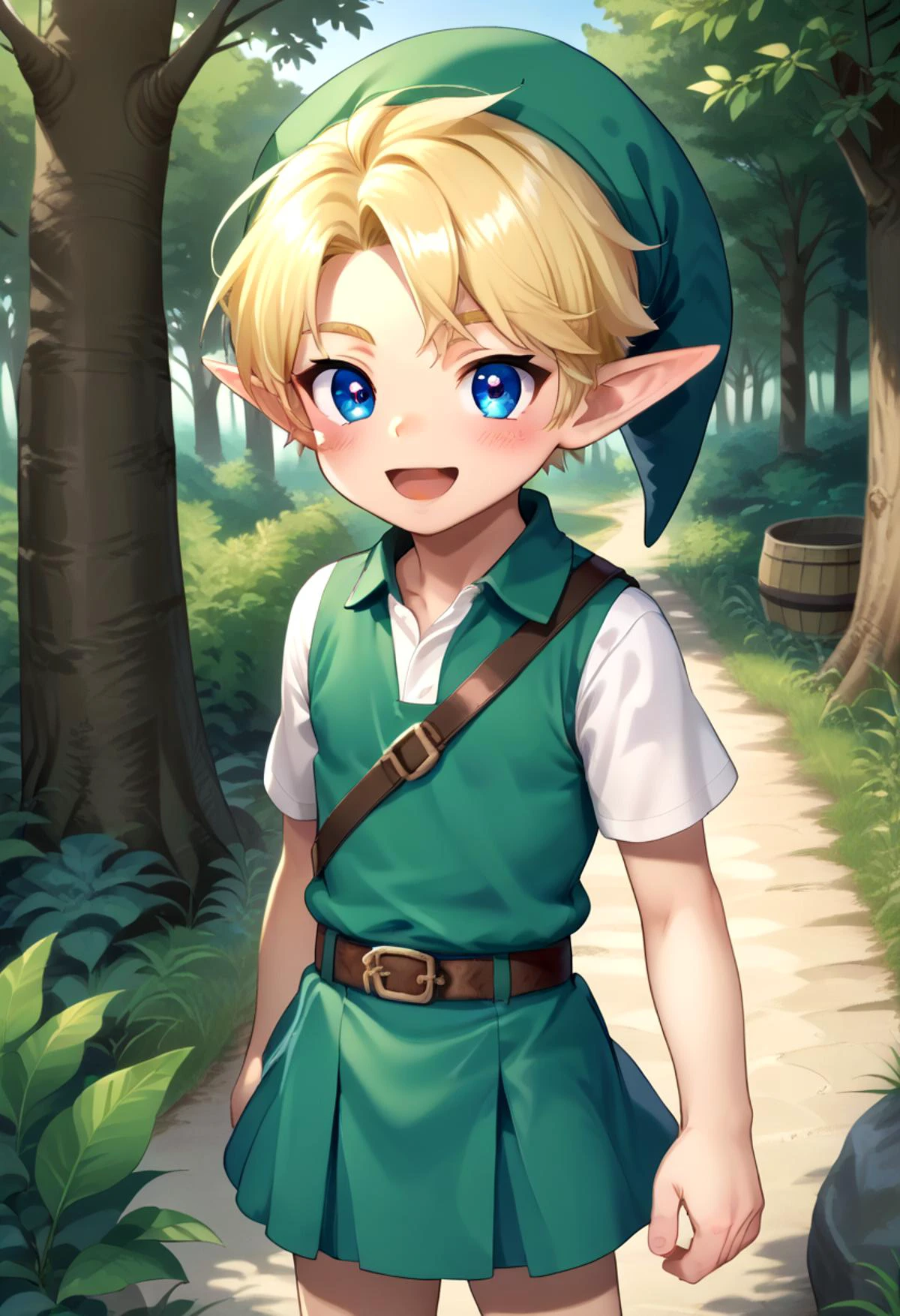 score_9, score_8_up, score_7_up,source_anime, rating_safe BREAK
detailed eyes, village
<lora:cutifiedanimecharacterdesign_variant_type_E_PonyXL_v10:0.7> type-e, blush,
<lora:Young_linkPony:0.7>
younglink, 1boy, blonde hair, pointy ears, hat, solo, blue eyes,open mouth smile, skirt, looking at viewer, forest shadow,hat,belt, green headwear, scabbard, shield on back,